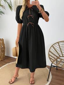 SHEIN LUNE 夏季优雅正式修身收腰中长连衣裙，饰有蝴蝶结，休闲风格 - 黑色 - 查看 2