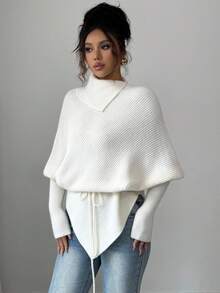 Elenzga Women's High Neck Batwing Sleeve Asymmetrical Hem Tie Waist Sweater Fall Winter Cloth For Women - Beige - View 4