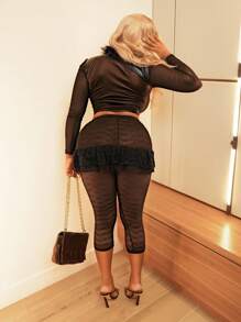 BamGleam Leggings de encaje semitransparente de 3/4 de largo para mujeres, negro sexy - Negro - Ver 2