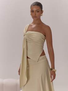 MUSERA 单肩垂褶交叉前襟不对称下摆修身上衣，优雅性感，适合夜晚外出、度假、秋季叠穿、冬季派对、圣诞节等场合，尽显优雅假日风情，舒适百搭。 - 杏色 - 查看 5