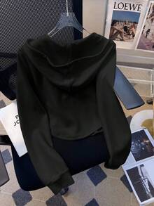 SHEIN 女士纯色连帽拉链休闲百搭长袖夹克 - 黑色 - 查看 2