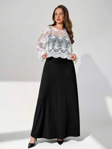 Auralis Plus Size Women's Autumn Fashion Casual Loose Comfortable Basic Daily Versatile White Lace Crop Top And Black Vest Long Skirt Two-Piece Set, Autumn Clothing, Women's Casual Suit, Going Out Clothing, Office Wear, Elegant, Business Casual, Everyday Wear - Black and White - View 4