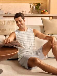 Manfinity Underwear&Sleepwear Basics 男士休闲条纹印花无袖上衣和短裤睡衣套装 - 彩色 - 查看 1