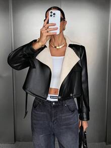 Siren Gaze 新款秋季女式休闲拼接仿毛领外套，休闲保暖 - 黑色 - 查看 4