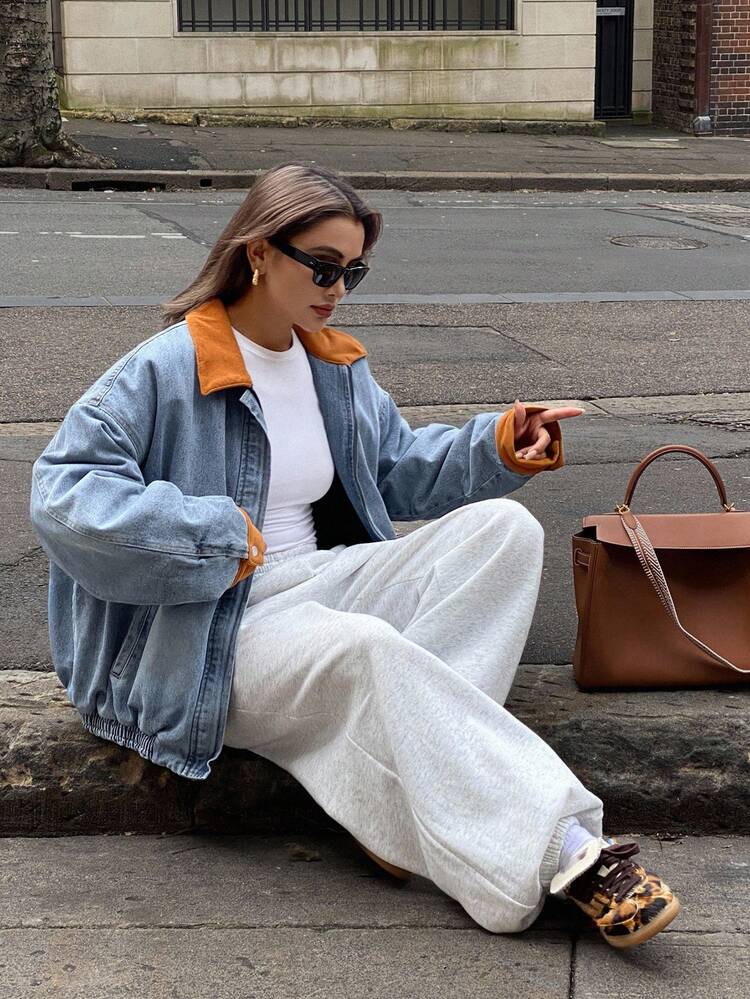 Color Block Collar & Cuff Loose Denim Jacket For Women, Autumn/Winter Women Coats