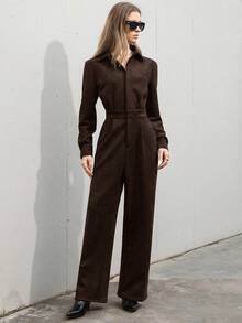 Aveloria Modichic 简约时尚高端通勤翻领隐形门襟收腰女式绒面革连身裤 - 咖啡棕 - 查看 5