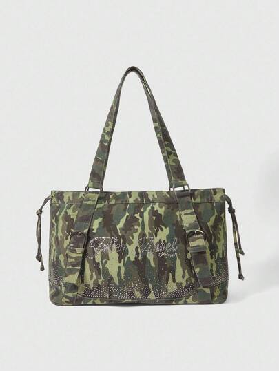 Grunge Punk Fashionable Retro Camouflage Print Rhinestone Decor One Shoulder Tote Bag