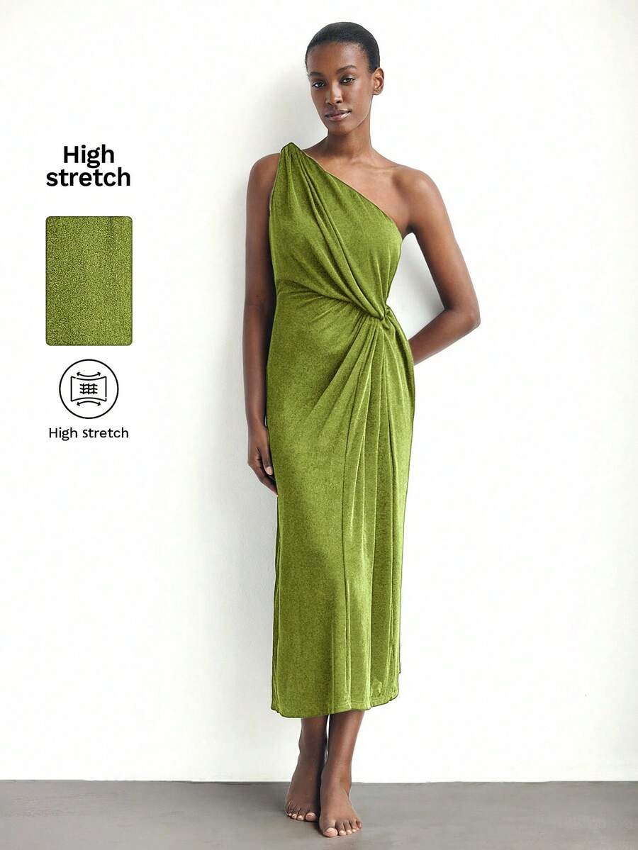 Maija Casual Solid Color Asymmetric Twist Ruched Fitted Maxi Dress, Suitable For Beach, Resort, Music Festival, Wedding Guest, Brunch, Boho Style, Women's Birthday Outfit, Elegant Autumn Dress