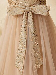 Flower Girl & Big Girl High-End One Shoulder Sequin Contrast Mesh Back Bow Long Dress, Suitable For Wedding, Christmas, Halloween, Performance, Prom, Birthday Party, Back To School, Graduation Fall Winter - Champagne - View 6