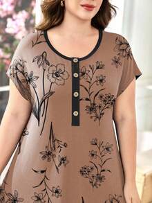 Lacomfia Plus Size Women Floral Print Button Design Casual Loose Short Sleeve Dress - Red - View 5