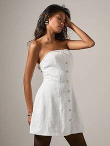 COSMINA 女式纯色紧身胸衣前扣纹理迷你连衣裙 - 白色 - 查看 6