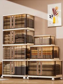 SHEIN 3/2/1层轻便收纳柜厨房客厅玩具收纳可折叠柜透明拉出式鞋盒折叠省空间鞋架加厚导轨储物整理盒 - 透咖 - 查看 1