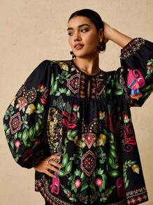 Travachic Camicetta a maniche lunghe con scollo tondo, laccetti e motivo tropicale e retrò, taglie comode per donna - Multicolore - Visualizzare 1
