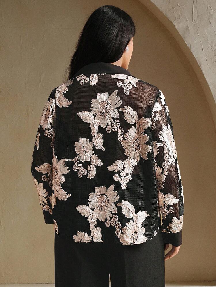 Romantic Elegant Floral Embroidery Semi-Sheer Regular Blouse