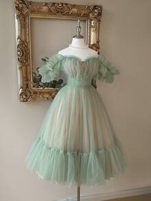 Lovelzi 优雅浪漫的绿色网眼荷叶边露肩收腰派对鸡尾酒会礼服 - 綠色 - 查看 3