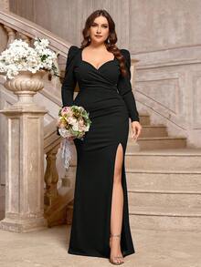 SHEIN Belle Váy phù dâu thanh lịch tay lỡ vải thun caramen cỡ lớn xẻ tà cao - màu đen - Xem 5