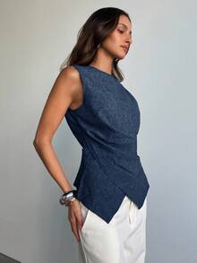 Aloruh 女士优雅通勤修身交叉腰纯色海军蓝衬衫 - 藏蓝色 - 查看 4