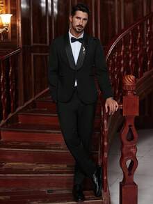 Manfinity Bizformal Conjunto de traje de hombre, con hombros bordados, vestimenta formal de negocios, adecuado para banquetes, negocios, regalo para esposo, novio. Conjunto de traje negro para hombre, chaqueta de boda para hombre, blazer de hombre, traje de hombre con bordado, traje de boda para hombre