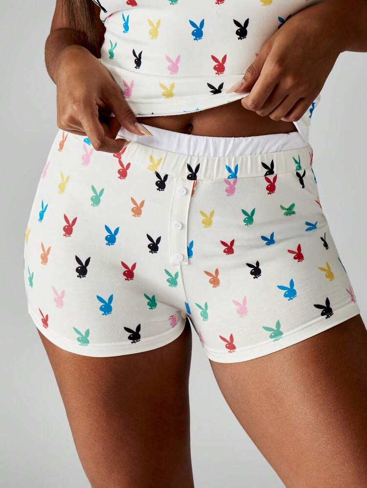 Missguided x Playboy 伸縮性のあるキャミソールタンクトップとボーイショーツ、バニープリント
