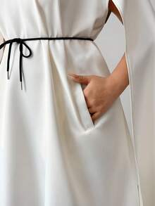 SHEIN Elenzya Plus Size Women Solid Color Stand Collar Poncho Style Hollow Out Elegant Dress - Apricot - View 8