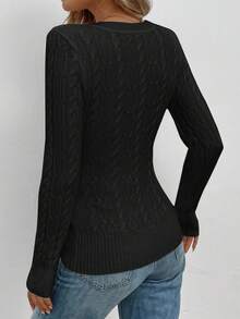 SHEIN LUNE 女式V领麻花针织紧身休闲复古白色毛衣，秋冬 - 黑色 - 查看 2