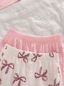 SHEIN 4 件套女婴秋季新款服装，包括蝴蝶结领荷叶边装饰长袖 T 恤和蝴蝶印花喇叭裤，纯粉色，休闲时尚，适合居家、外出、通勤 - 彩色 - 查看 5