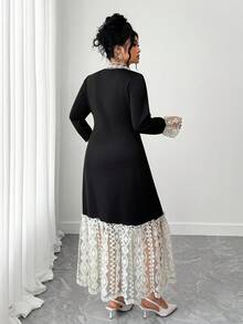 Elenzga Plus Size Women Elegant Lace Patchwork Round Neck Lace Tie Neck Fitted Dress, Autumn/Winter Fall Cloth For Women