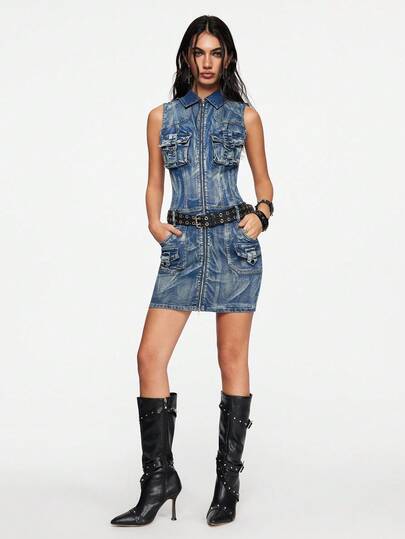 Grunge Punk Y2K Retro Washed Denim Cropped Fitted Low Waist Mini Dress For Women