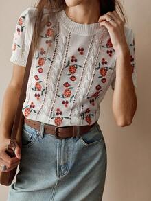 Florisole Women's Embroidered White Knit Sweater - White - View 5