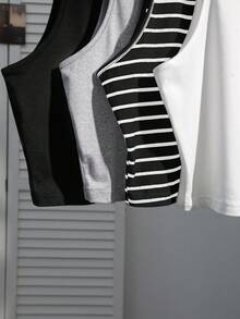 SHEIN EZwear 4件套女士休闲黑白条纹性感修身吊带背心，夏季 - 彩色 - 查看 6