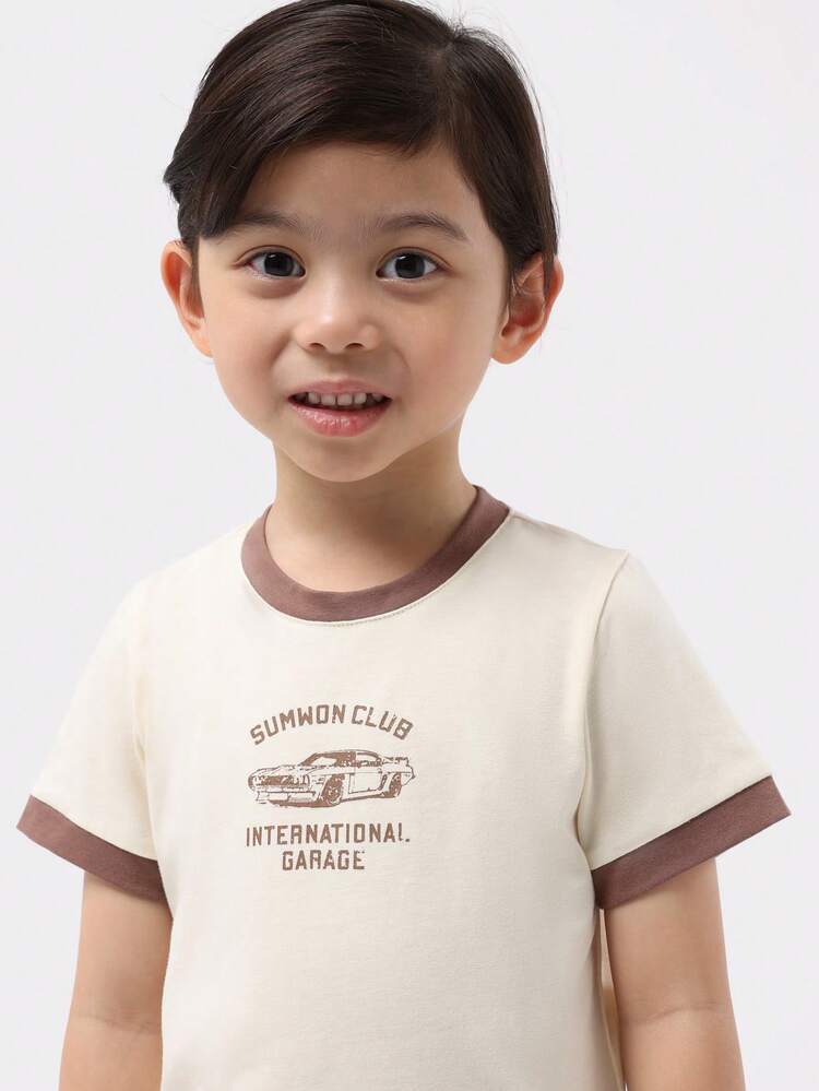 Cream Ringer T-Shirt With Vintage Car Print