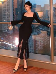 DAZY Vestido de encaje y parches elegante de longitud media para mujer, vestido de graduación de otoño - Negro - Ver 8