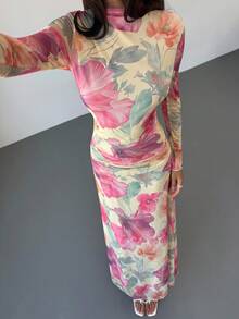 Aloruh 新款花卉网眼印花派对长袖修身连衣裙，度假风格，秋冬 - 杏色 - 查看 5