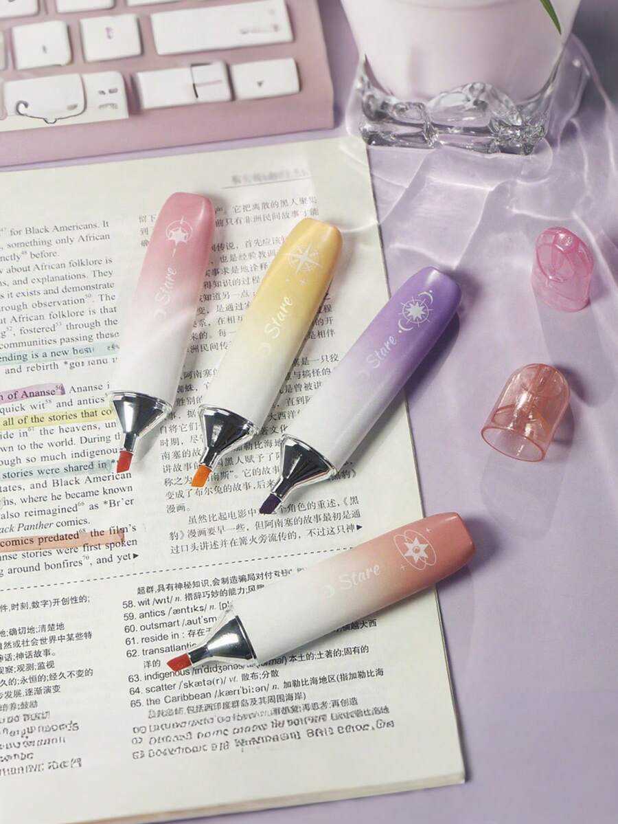 4 Piezas/Set Resaltador con Protección Visual de Color Degradado, Bolígrafo Marcador para Estudiantes, Bolígrafo de Colores para Planificador, Resaltador de Punta Ancha de Gran Capacidad, Vuelta a Clases. - Multicolor - Ver 1