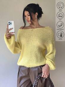 Serisse Suéter feminino casual de outono, cor creme e amarelo, em tricô felpudo com mistura de lã, ombros caídos, malha canelada, ideal para ocasiões casuais de negócios, professoras, dia a dia, deslocamentos, passeios. Nova peça essencial da moda outono 2025. Suéter feminino de inverno, suéter felpudo de inverno, suéter de inverno, suéter amarelo casual. - Amarelo - Ver 7