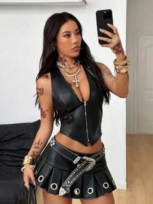 Coolane 女士春夏Y2K复古约会之夜音乐节演唱会锐舞派对PU弹力舒适穿孔拉链黑色修身无袖露脐吊带背心，黑色上衣 - 黑色 - 查看 6