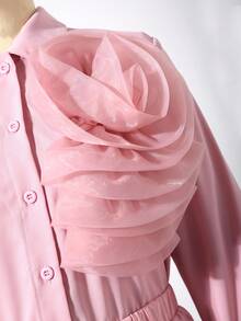Teen Girls Light Pink Multilayer 3D Floral Long Sleeve Blouse & High Waist Pleated Skirt Set,Autumn Party Back To School Outfit,Elegant Minimalist - Pink - View 5