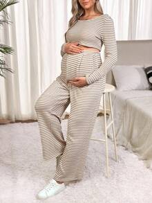 SHEIN Set Pakaian Hamil Atasan Lengan Panjang Bergaris Kasual Nyaman dan Celana Panjang - Khaki - View 6
