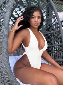 Alexandranx 夏季女式性感深 V 领高腰露背连体泳衣 - 白色 - 查看 6