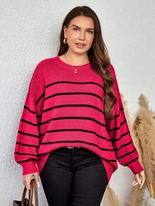 EURMUSE Plus Size Plus Size Loose Fit Colorblock Striped Pullover Sweater - Hot Pink - View 5