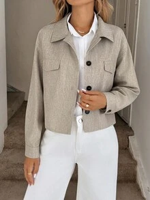 Easowa 女士休闲宽松翻领单排扣夹克，带口袋，双色花卉图案，适合秋冬通勤休闲 - 卡其色 - 查看 6