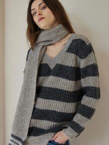 Aveloria Modichic Contrast Stripe V-Neck Pullover Sweater + Soft Loose Scarf, Slimming Casual Sweater Set - Multicolor - View 3