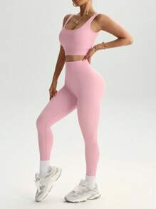 Easithlete Bộ đồ thể thao tập luyện cho nữ gồm 2 áo ba lỗ liền mạch và quần legging Bộ đồ thể thao tập luyện cho nữ Bộ đồ legging cho nữ - Hồng - Xem 5