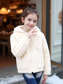 SHEIN Elladie kids 少女白色蓬松夹克，冬季，柔软毛绒材质，长款设计，舒适合身，经典白色 - 米色 - 查看 1