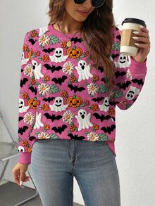 EMERY ROSE Plus Size Ghost, Pumpkin & Bat Print Raglan Sleeve Sweatshirt For Halloween Fall Cloth For Women Winter Autumn - Multicolor - View 3