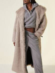 Aveloria GENKIRA Light Milk Tea Color Fashionable Luxurious Metallic Leather Buckle Decor Open Front Oversized Collar Punk Chic Women Long Faux Fur Coat - Grey - View 3