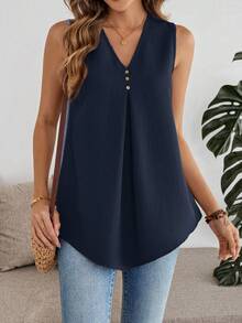 EMERY ROSE 女士纯色纽扣设计V领休闲宽松无袖衬衫 - 藏蓝色 - 查看 7