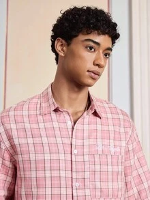 SWAVVY Men's Woven Plaid Casual Short Sleeve Shirt - Pink - View 3