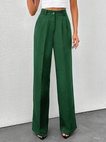 SHEIN Tall Tall Women's Solid Color High Waisted Wide Leg Pants Green Pants For Women High Waist Pants Pleated Pants Emerald Green Pants Pleated Wide Leg Pants - Green - View 5