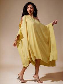 Vixey Solid Sheer Chiffon Ruffle Batwing Flowy Dress, Going Out Outfits, Date Night Outfits Women, Night Out Outfit, Wedding Gust Dress, Wedding Gust Dress Elegant, Yellow Dress, Batwing Sleeve Dress, One Shoulder Dress - Yellow - View 6